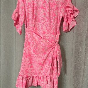 Lilly Pulitzer Pink and White Flutter Sleeve Floral Wrap Mini Dress